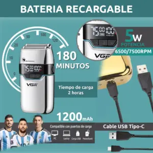 Afeitadora eléctrica recargable plateada de doble lámina con pantalla LED, autonomía de 180 minutos, potencia de 5W y cable USB Tipo-C incluido.